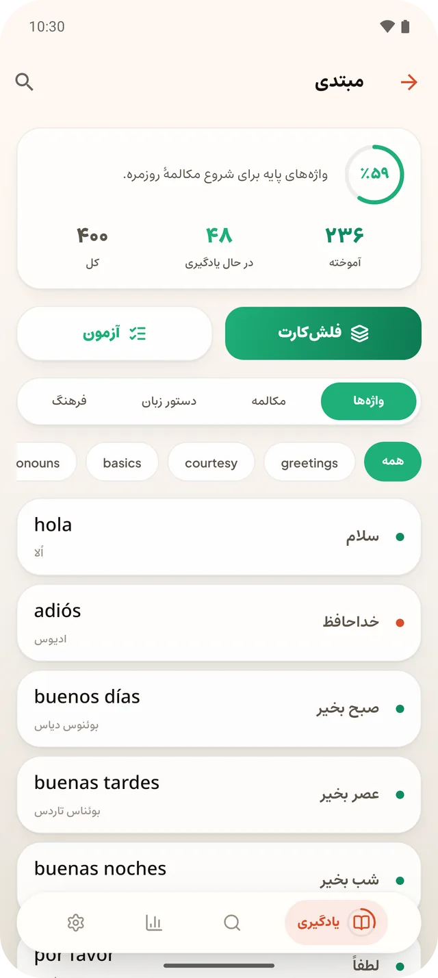 صفحهٔ «واژه‌های هر سطح» در برنامه